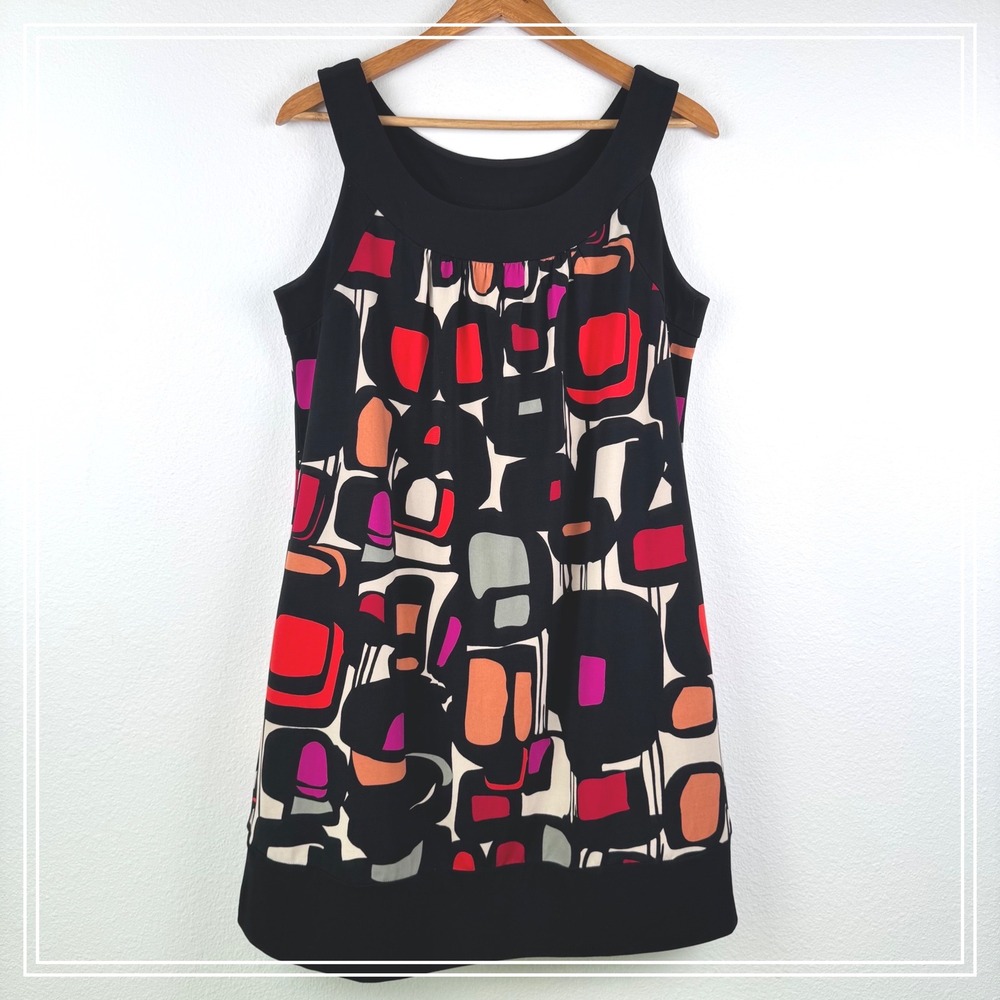 Madison Leigh Shift Dress Womens 14 Black Multi Excellent Geometric Retro Chic